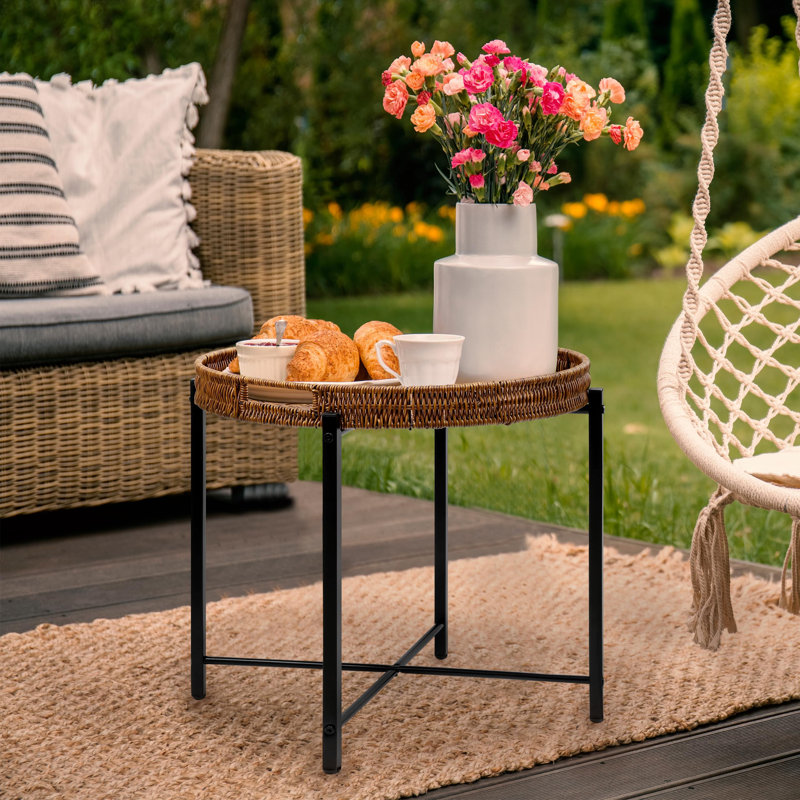 Brown Small Round End Table, 19In Rattan End Tables, Wicker Rattan Side Table, Round Sofa Side Table, Indoor Outdoor Side Tables For Patio
