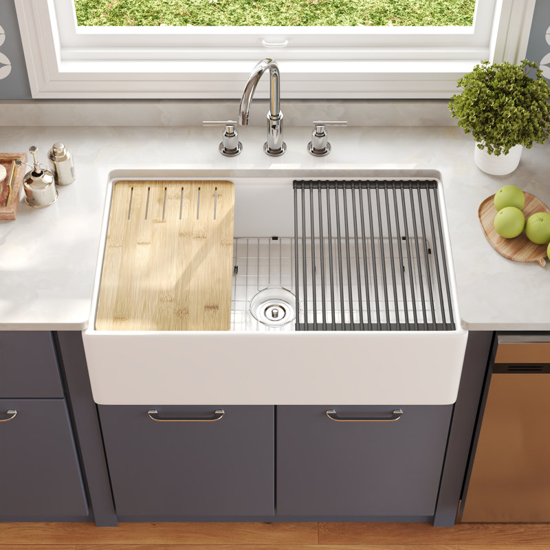 DeerValley 33"L x 20"W Farmhouse Kitchen Sink Deep Single Bowl Fireclay Workstation Sink with Cutting Board and Dish Drying Rack