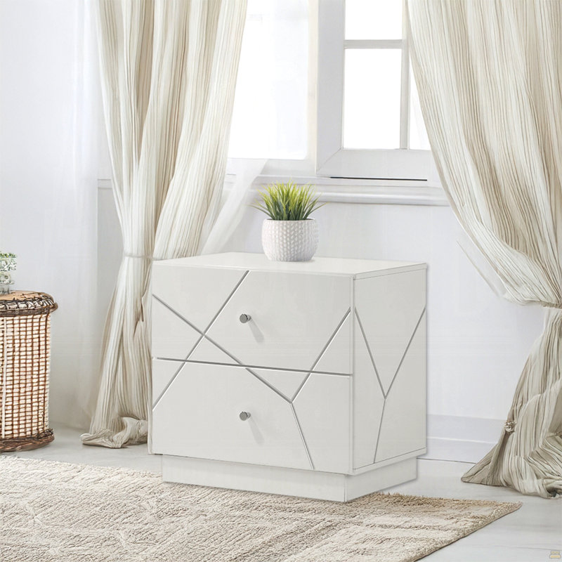 Ultra Modern White Finish Stylish Nightstand with 2x Drawers Embossed Lines Design Contemporary Bedroom Furniture 1pc Bedside Cabinet