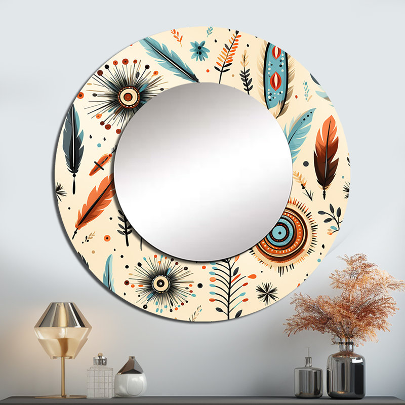 Motif bohème beige rétro nomade Ii - miroir décoratif boho, grand miroir mural rond Boho, impression d'art en métal