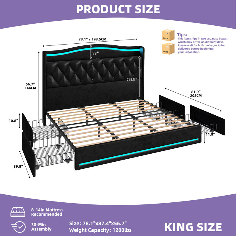 Bed Frame With 4 Storage Drawers & Dual LED Lights, Black, King