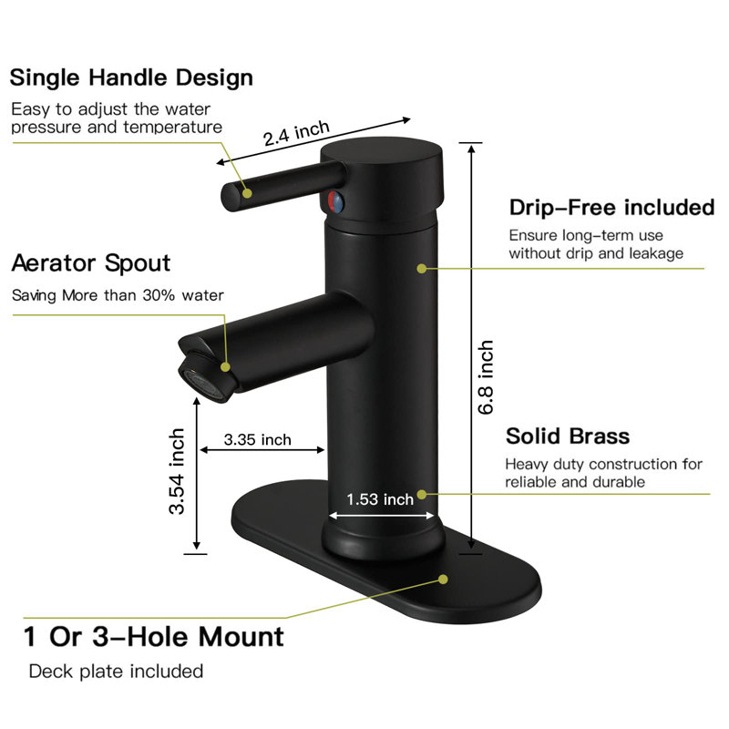 Single-Hole Single-handle Bathroom Faucet with Drain Assembly, Matte Black, Yes