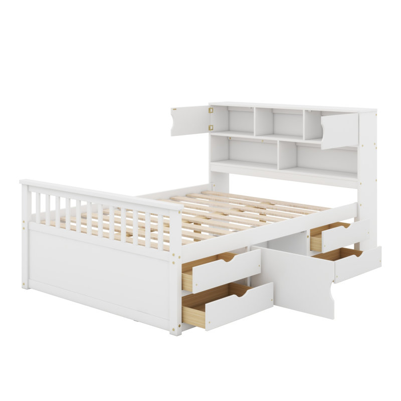 Structure de lit plateforme avec bibliothèques et tablettes de rangement, tiroirs, blanc