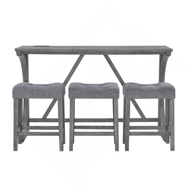 Table de bar 59 pouces, table de salle à manger, table de canapé avec prise de courant, 3 tabourets rembourrés, table de bar 4 pièces et ensemble de chaises pour le salon, la salle à manger, la cuisine
