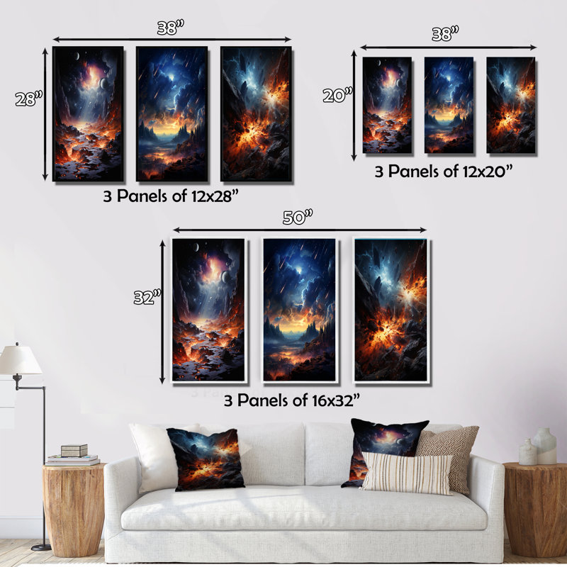 "Météores impact stellaire" - 3 pièces sur toile, Toile tendue, H 32 po x l 48 po