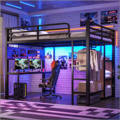Queen Size Metal Loft Bed with Desk, Storage, USB Ports, and Lights, Multifunctional Space-Saving Design, Black
