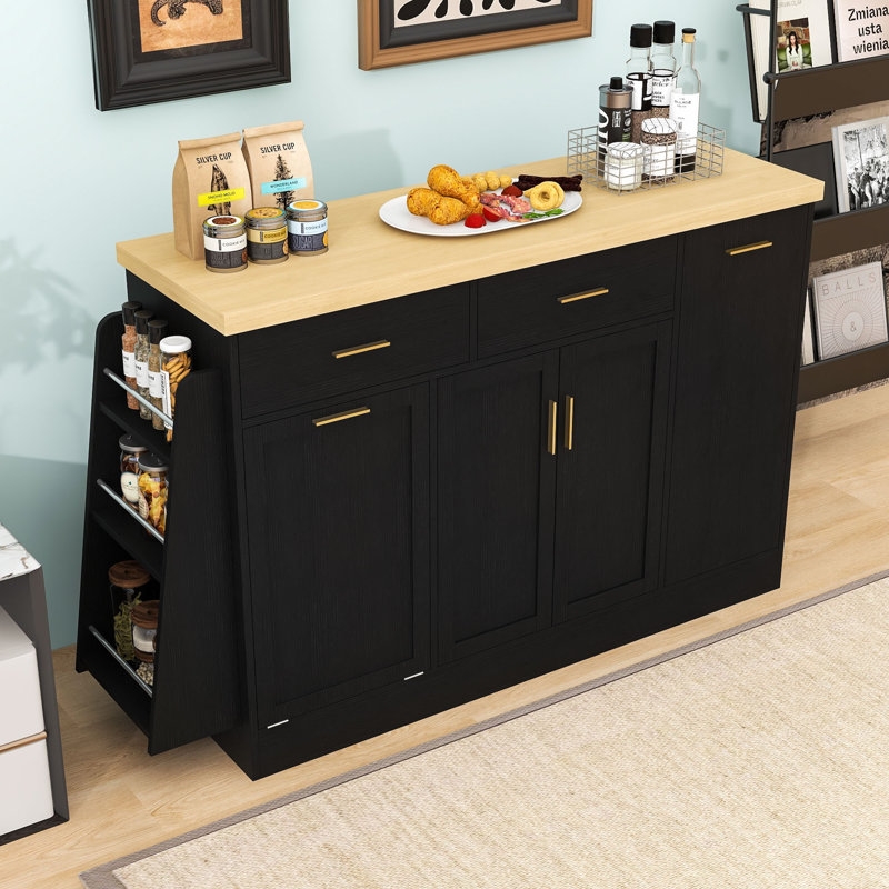 Table pour îlot de cuisine avec rangement pour poubelle, tablettes réglables et support à épices à 3 niveaux, Noir