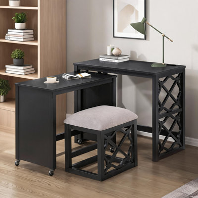 Black-Toned 3-Piece Computer Desk Set with Rolling Desk and Padded Stool, Home Office Workspace Solution, Compact Style