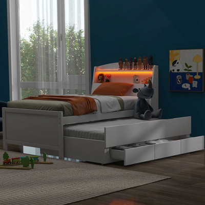 Functional Platform Bed With Storage, LED Headboard, Twin Size Trundle And Multiple Drawers For Efficient Space Utilization