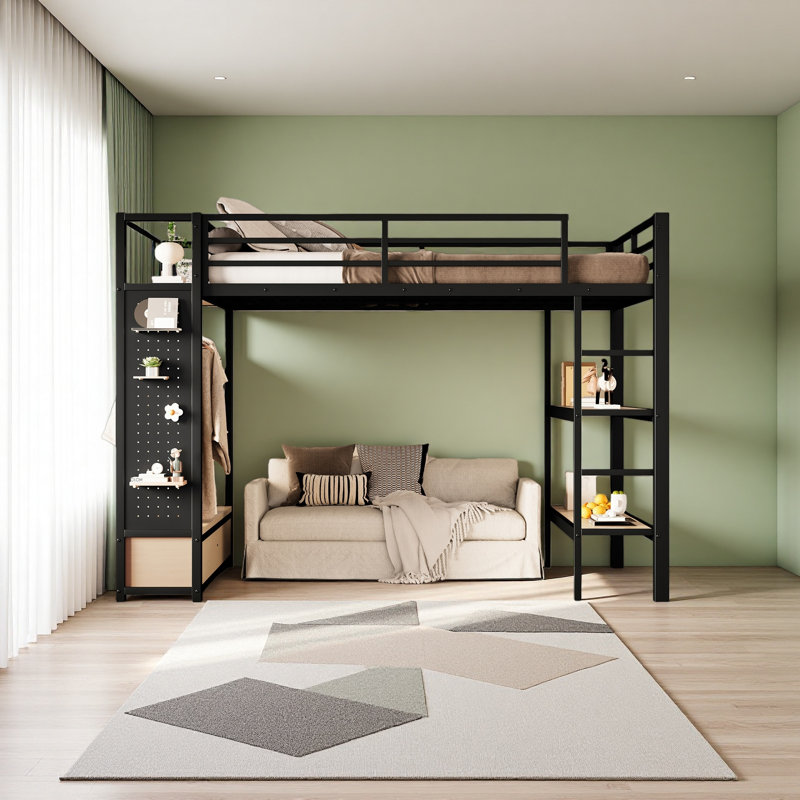 Structure de lit mezzanine avec garde-robe, lit mezzanine en métal avec tablettes de rangement et panneau perforé, Lit double