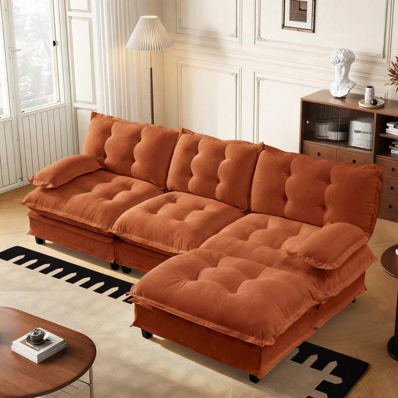 107.8" Chenille Modular Sectional Cloud Couch With Ottoman, Orange Chenille
