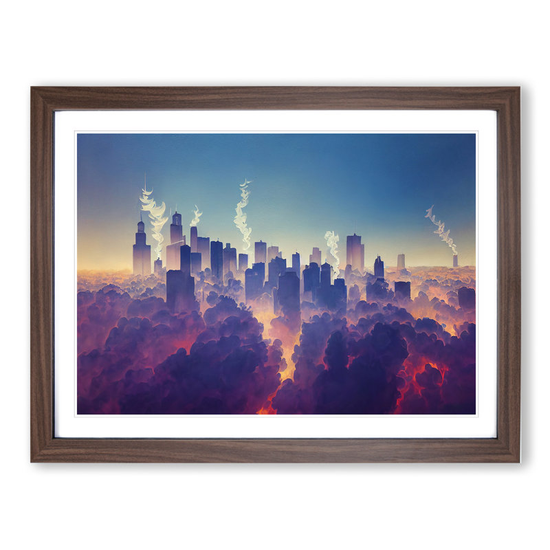XH1022-9490X Unreal City Skyline Architecture - Single Picture Frame Print, 25cm H x 34cm W x 2cm D, Walnut
