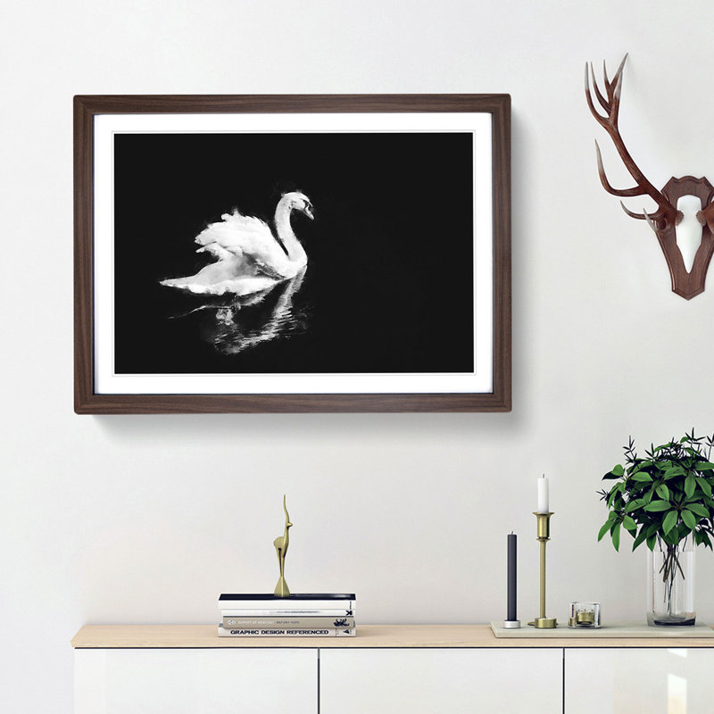 Swan - Picture Frame Painting Print, 33cm H x 45cm W x 2cm D, Walnut Framed