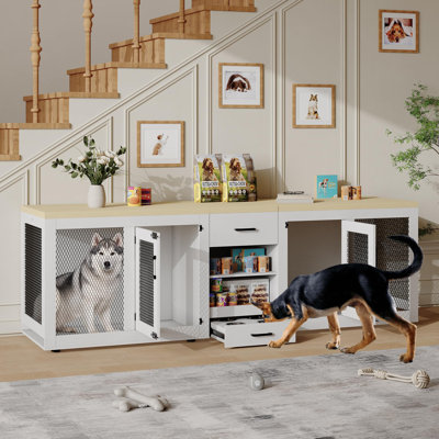 90 Inch Large Dog Crate Furniture, Double Dog Crate with Feeding Station & Storage, Heavy Duty Dog Kennel Furniture for 2 Dogs