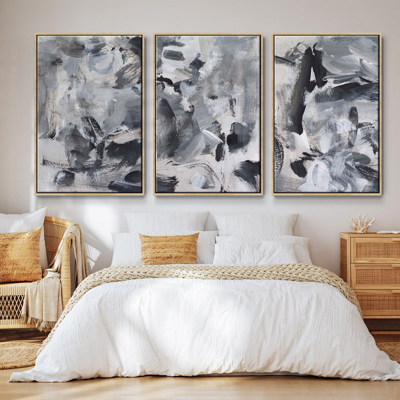 «Black and White Mix I», ensemble de 3 cadres flottants sur toile, Naturel, H 36 po x l 72 po