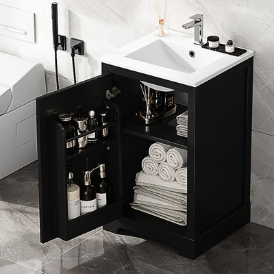 Meuble-lavabo de 50 cm avec lavabo, laqué noir, porte à fermeture douce et rangement. Charnières en acier inoxydable blanc, tablette élégante.