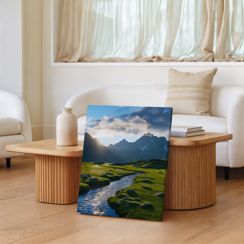Toile, "Un paysage serein, avec un ruisseau sinueux qui coule à travers une luxuriante" Green Meadows "entourée de roches éparses et toile