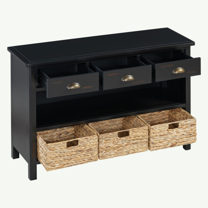 Console rétro en bois avec 3 tiroirs et 3 paniers tissés en jacinthe d'eau, armoire de vestibule pour le salon d'entrée