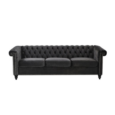 3 Seater In Black Velvet With Traditional Tufting And Cozy Living Space Charming 3 Deep Button Welcoming Feel