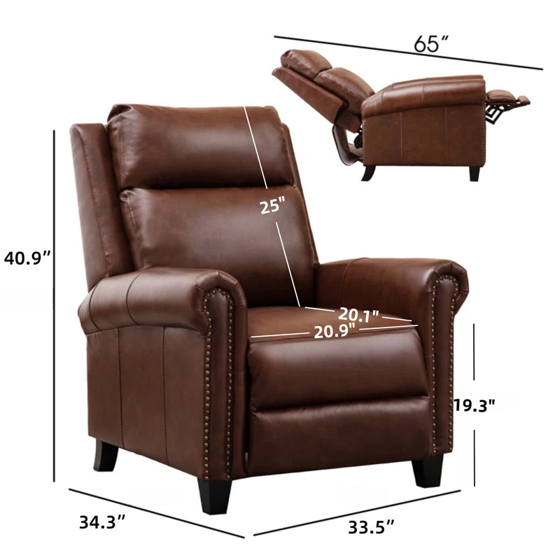 33.5" W Top Grain Leather Push-Back Recliner, Dark Brown Pebbled Genuine Leather