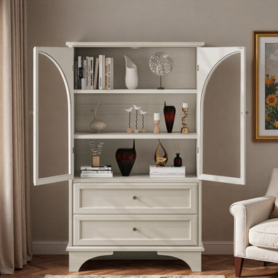 Glass Door Display Case Storage Cabinet With 2 Drawers And Adjustable Shelves