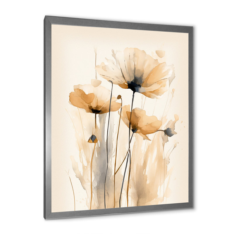 «Beige Vibrant Poppies», art mural sur toile à motif floral, H 44 po x l 34 po x P 1,5 po, Cadre simple argenté