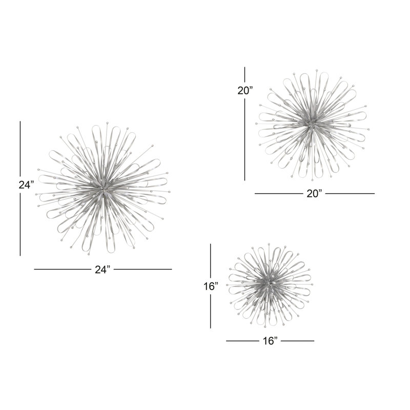 3 Piece Metal Starburst Wall Decor with Orb Detailing Set, Silver