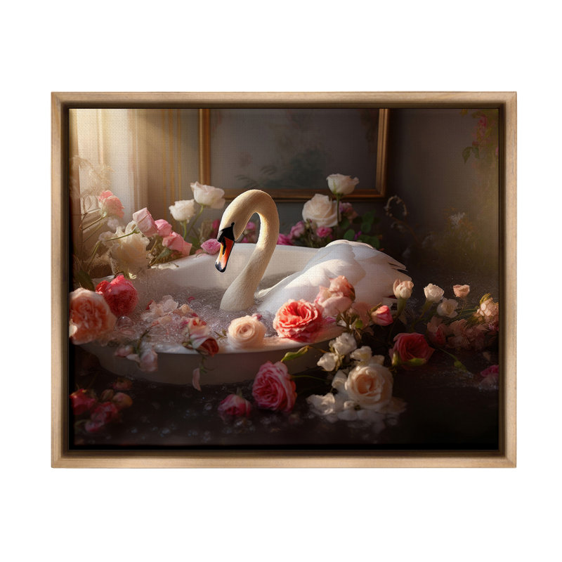 "Swan & Bathroom Roses" par Lazar Studio sur toile, Cadre flottant orme Montalcino, H 17 po x l 21 po