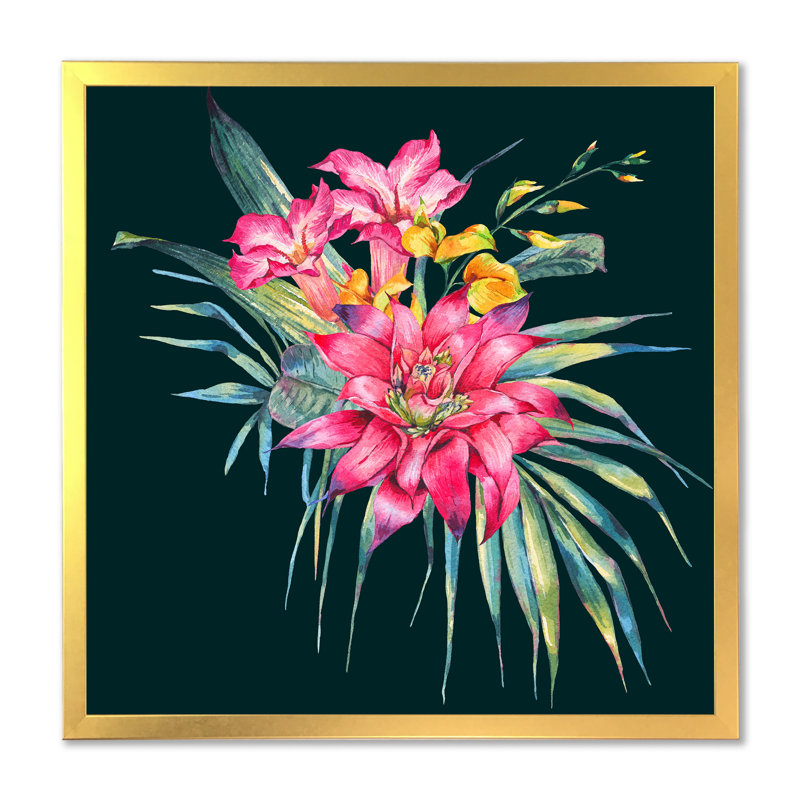 Fleur tropicale rouge et orange sur fond noir II - impression tropicale sur bois, H 37,5 po x l 37,5 po x P 1,5 po