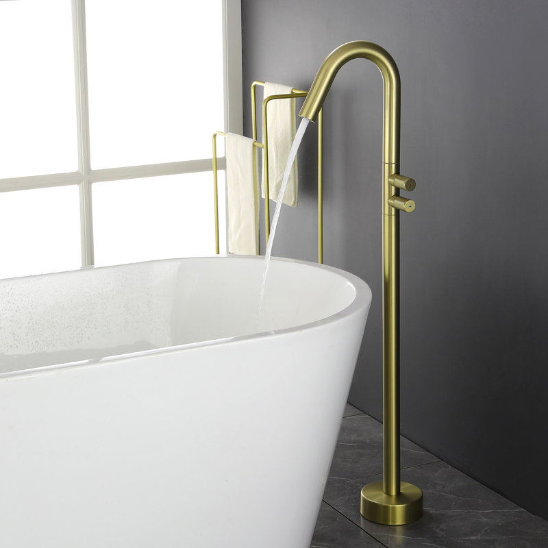 Freestanding Bathtub Faucet Set Single Handle Floor Mount Tub Filler Free Standing Tub Faucet, Brushed Gold