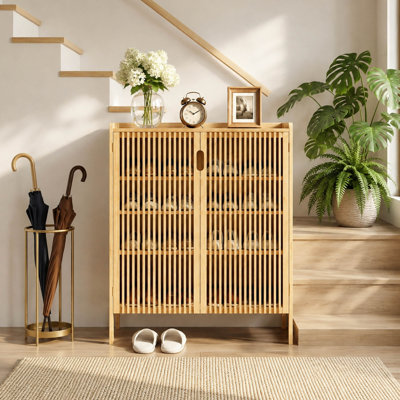Bamboo Shoe Storage Cabinet, Doors and Adjustable Shelves for Entryway