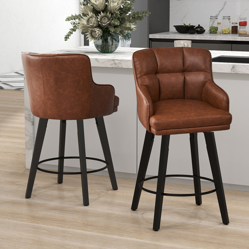 26''H Upholstered 360°Swivel Counter Height Bar Stools, Wood Legs Kitchen Island Chairs, Brown, 2