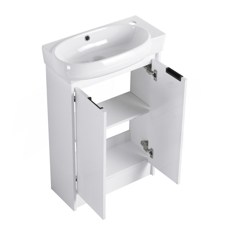 Meuble-lavabo autoportant de 23 po avec lavabo et support de rangement, portes à fermeture douce, Blanc lustré