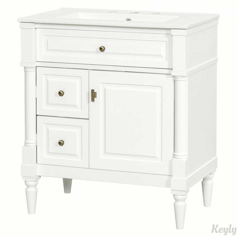 Meuble-lavabo autoportant blanc de 30 pouces avec lavabo en céramique, tiroir rabattable et tablette réglable pour les salles de bain modernes