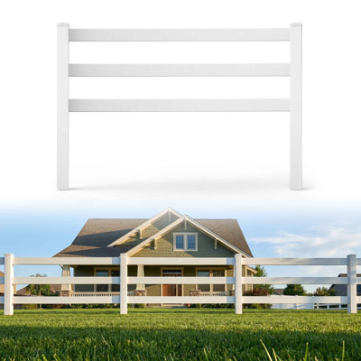 3-Rail Vinyl Ranch Fence Kit, 4ft H x 48ft W, White PVC Fence System with 6ft Posts & 8ft Rails, UV-Resistant, Easy Installation, Durable Outdoor Fencing for Ranch, Yard & Farm