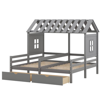 Auzenne Twin Size House Combination of 2 Side by Side Beds Platform Beds with Two Drawers