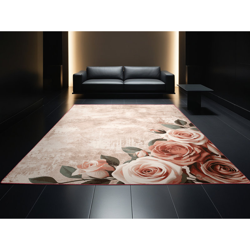 Tapis abstrait moderne et contemporain lavable à la machine en gris - rose, 2 x 4
