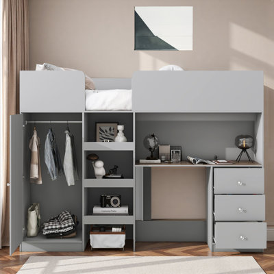 Loft Bed With Built-in Wardrobe, Desk, Storage Shelves And Drawers