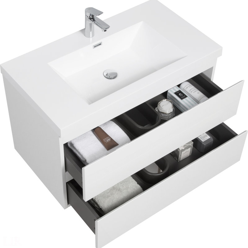 Meuble-lavabo flottant 36 po avec lavabo, meuble-lavabo mural moderne 36 po avec lavabo en résine et tiroirs à fermeture en douceur, meuble-lavabo