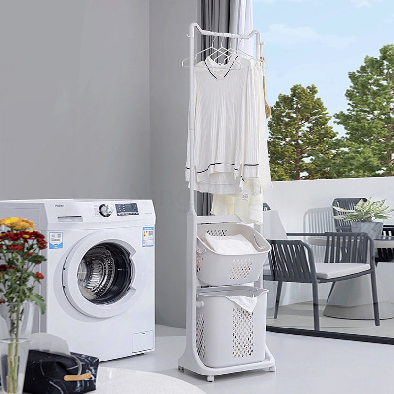 2-Tier Laundry Hamper Sorter With Hanging Bar, Rolling Laundry Baskets With Wheels Removable, Stackable Laundry Cart Organizer And Storage