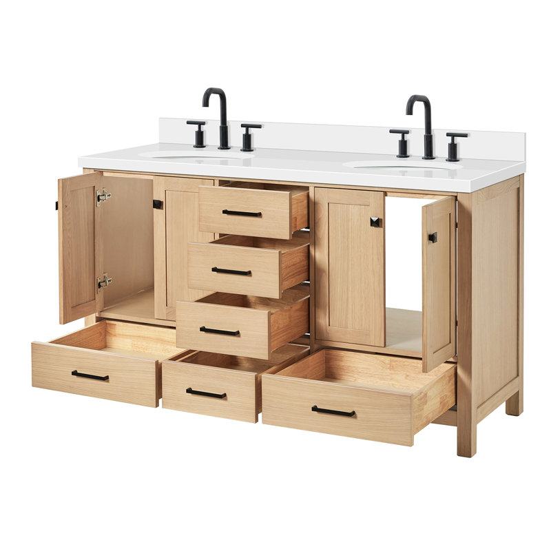 Coiffeuse Cambridge en blanc avec comptoir en quartz blanc avec lavabo, Chêne / noir mat