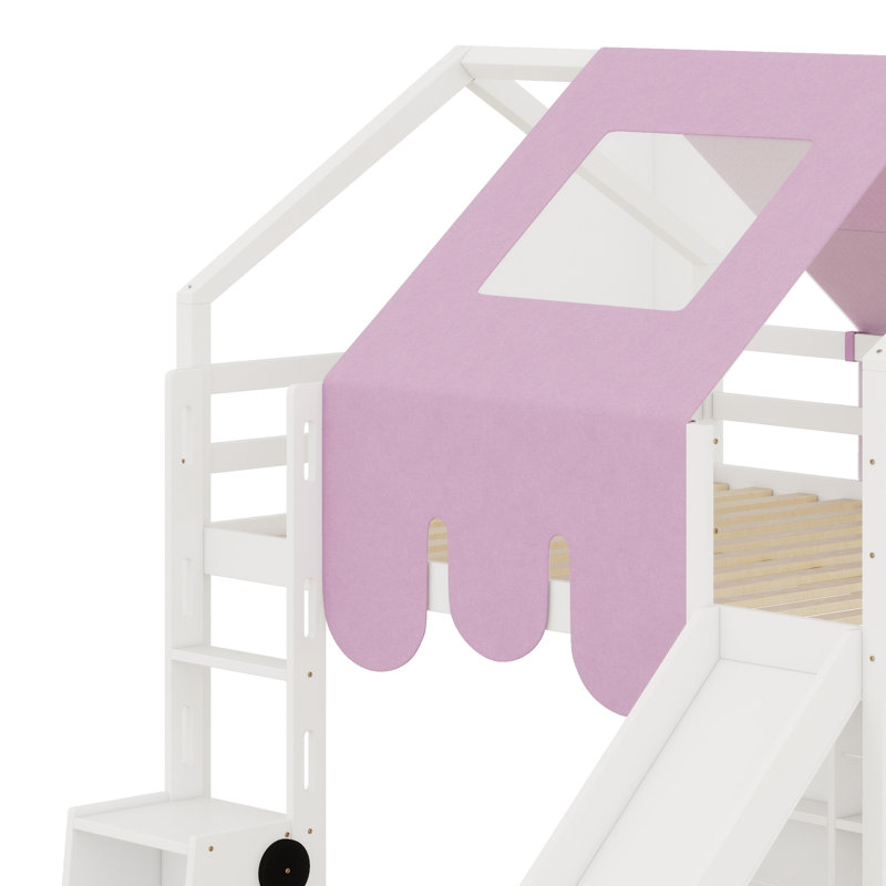 Structure de lit en mezzanine avec tente, Lit double, Blanc / Rose