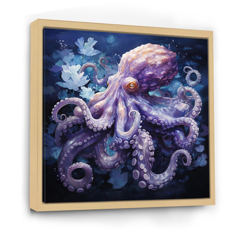 Purple Octopus Lunar Reflections II - Animals Wall Art Prints, Cadre naturel flottant, H 24 po x l 24 po x P 1 po