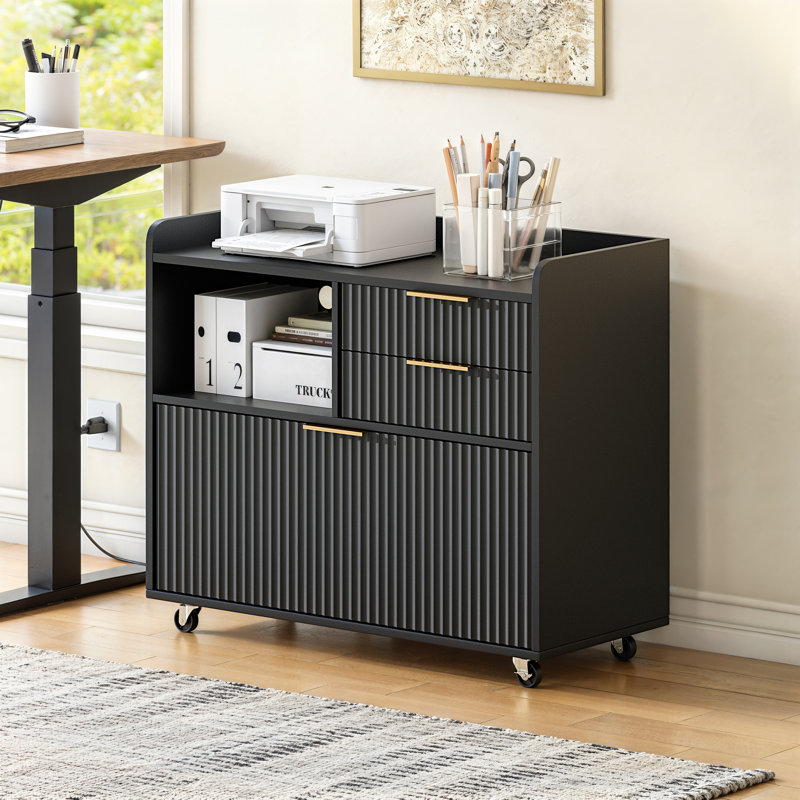 Classeur mobile avec station de charge et tiroirs multiples, compartiment de rangement ouvert, pour la maison et le bureau, noir