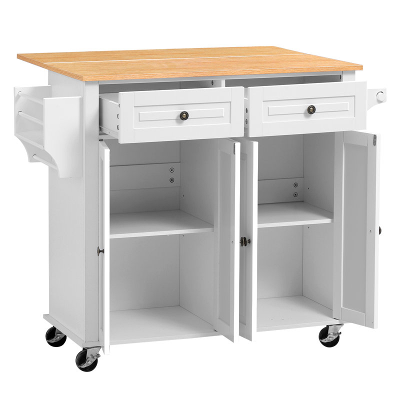 Kitchen Island Cart with Storage, 43.58 in Wide Mobile Rolling Storage Island on Swivel Wheels, with 2 Drawers, Storage Cabinet, Drop Leaf, Spice/Towel Rack, Table for Home Dining Room