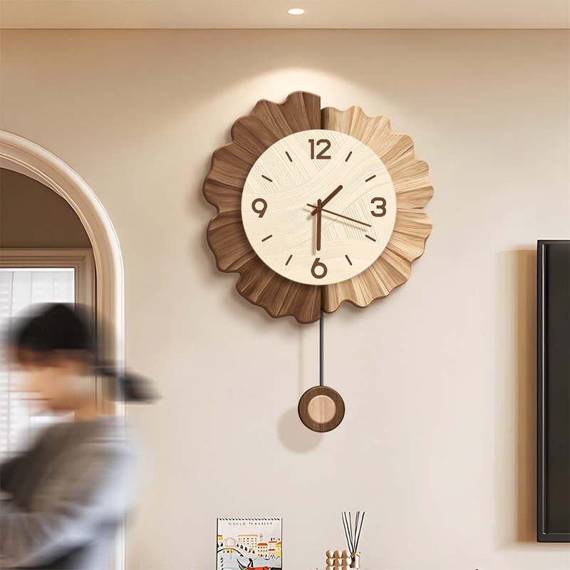 Horloges murales en bois à pendule, motif floral ondulé bicolore