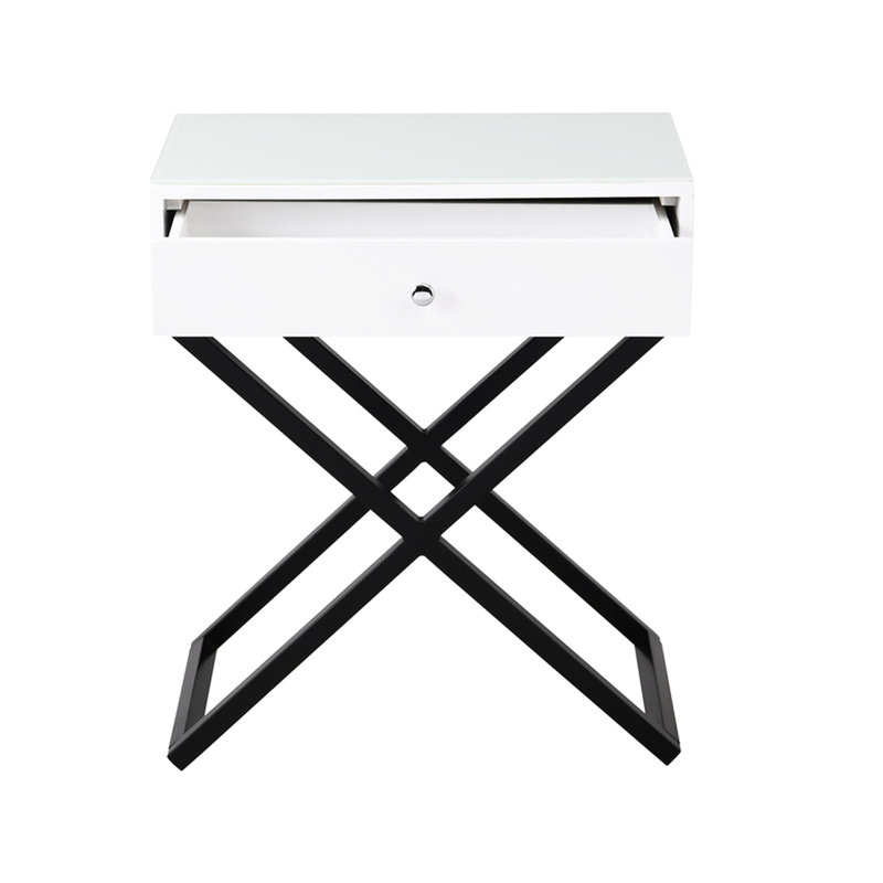 Table d'appoint blanche en bois avec plateau en verre, tiroir, table de chevet 23 23 po en métal noir