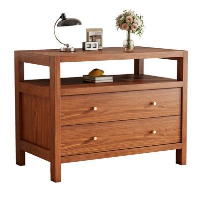 Table de chevet en noyer à 2 tiroirs de 81,5 cm de large avec rangement ouvert