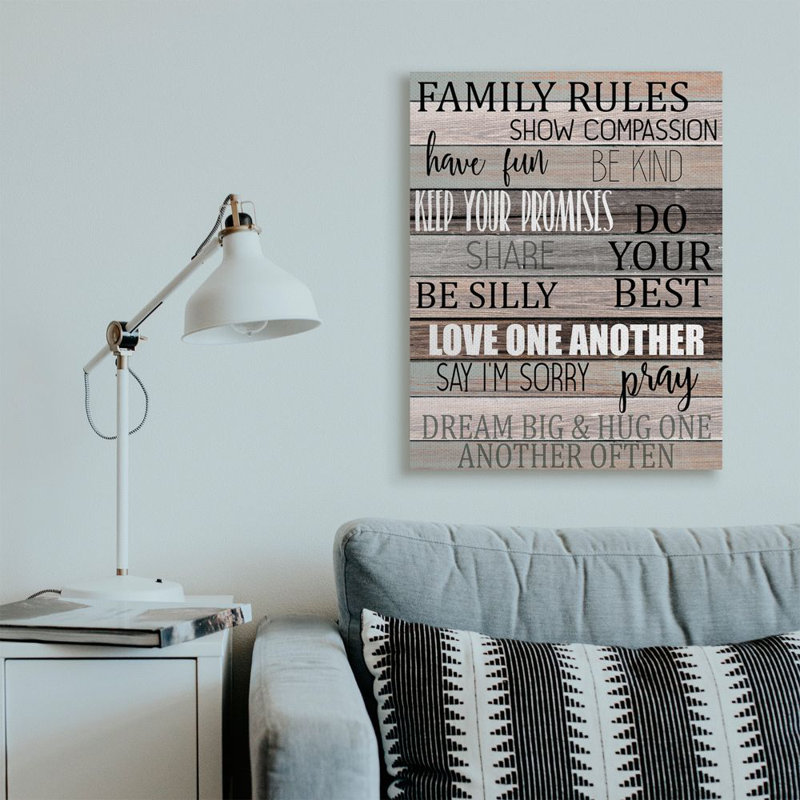 «Family Rules Text Fun Wood Grain Rustic Tan Teal» par Kim Allen - impression d'art texturé, H 40 po x l 30 po x P 1,5 po
