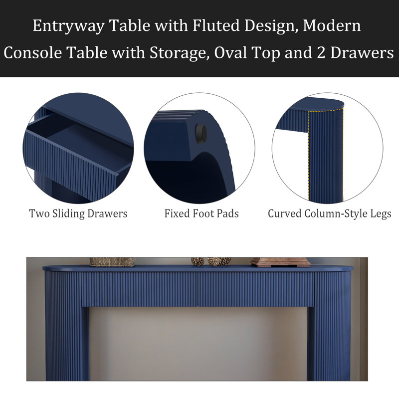 Table d'entrée avec design cannelé, console moderne avec rangement, plateau ovale et 2 tiroirs pour l'entrée et le salon